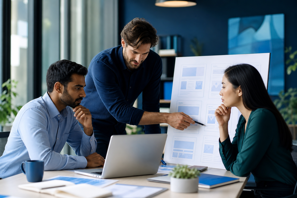 Startup team discussing website platform selection strategy in a modern office