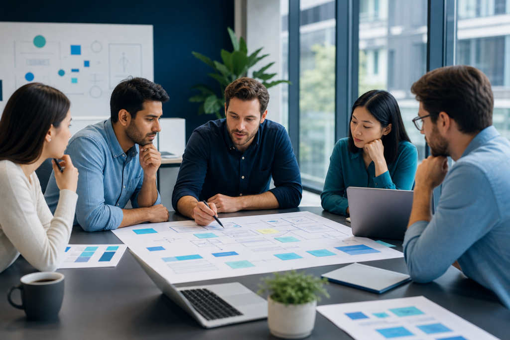 Startup team planning a website project roadmap in a modern office