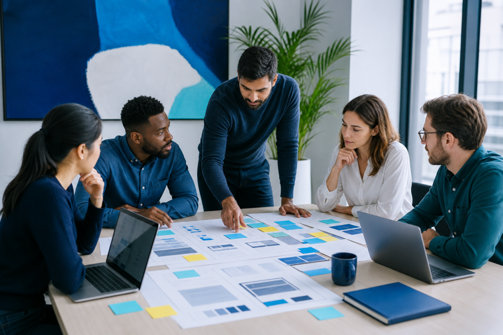 Business team planning a website project roadmap in a modern office