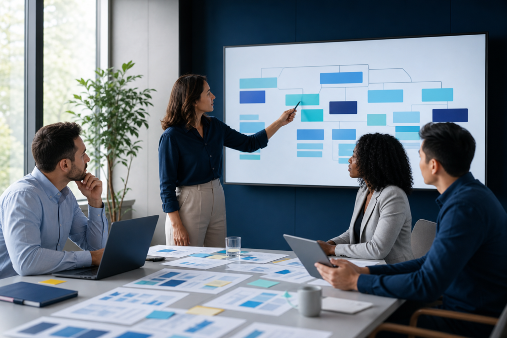 Business team reviewing a website project roadmap checklist in a strategy meeting