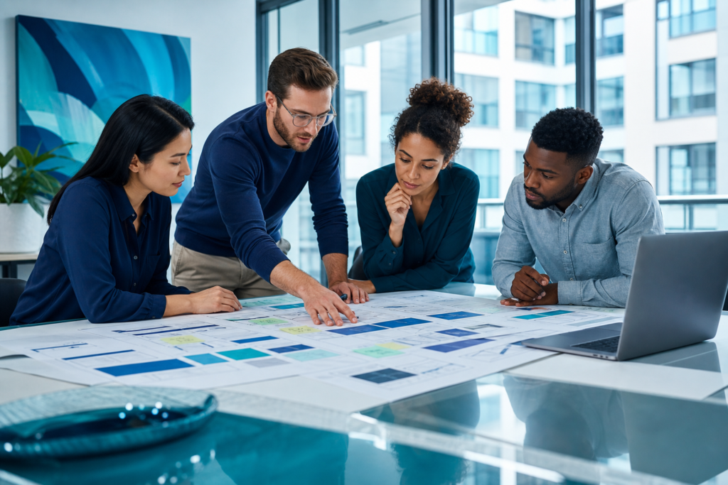 Business team planning a website project roadmap in a meeting room