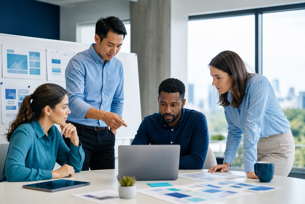 Business team reviewing a website project roadmap for growth