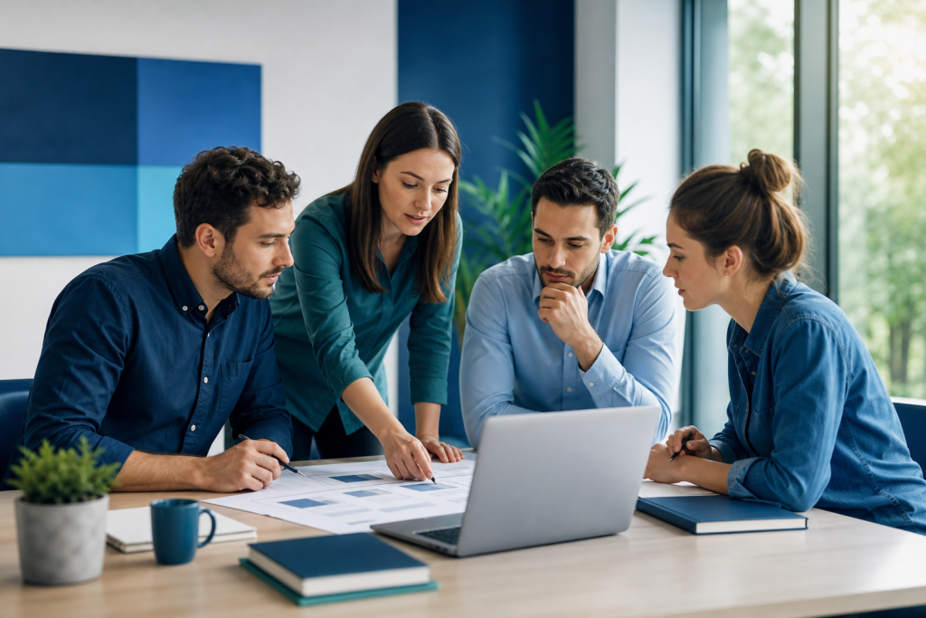 Startup team planning a website project roadmap in a modern office