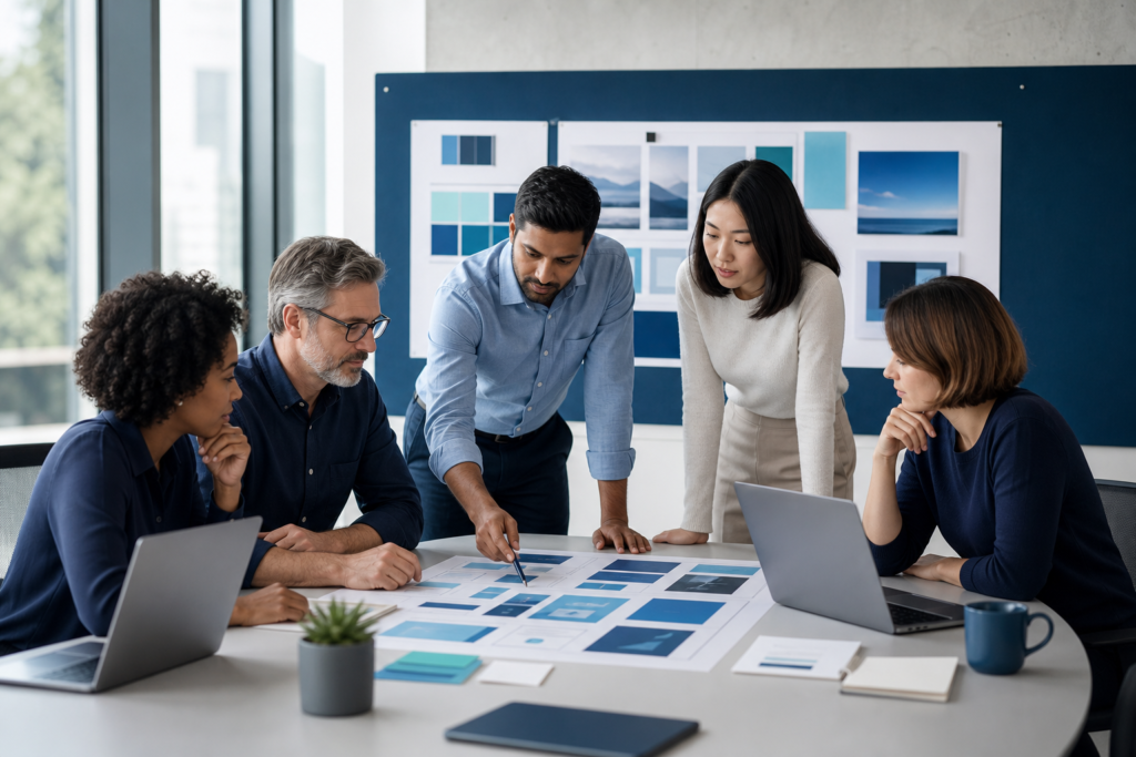 Business team planning a website project roadmap in a modern office