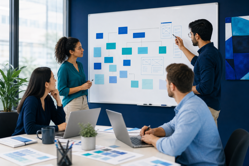 Startup team planning a website project roadmap in a modern office