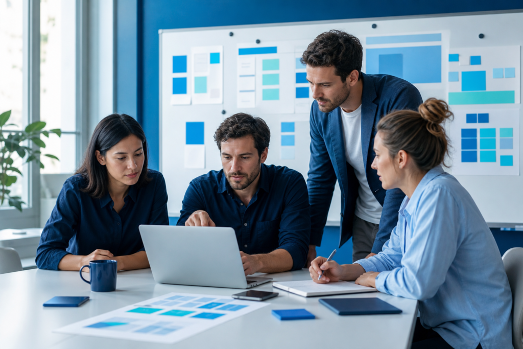 Startup team planning a website project roadmap in a modern meeting room