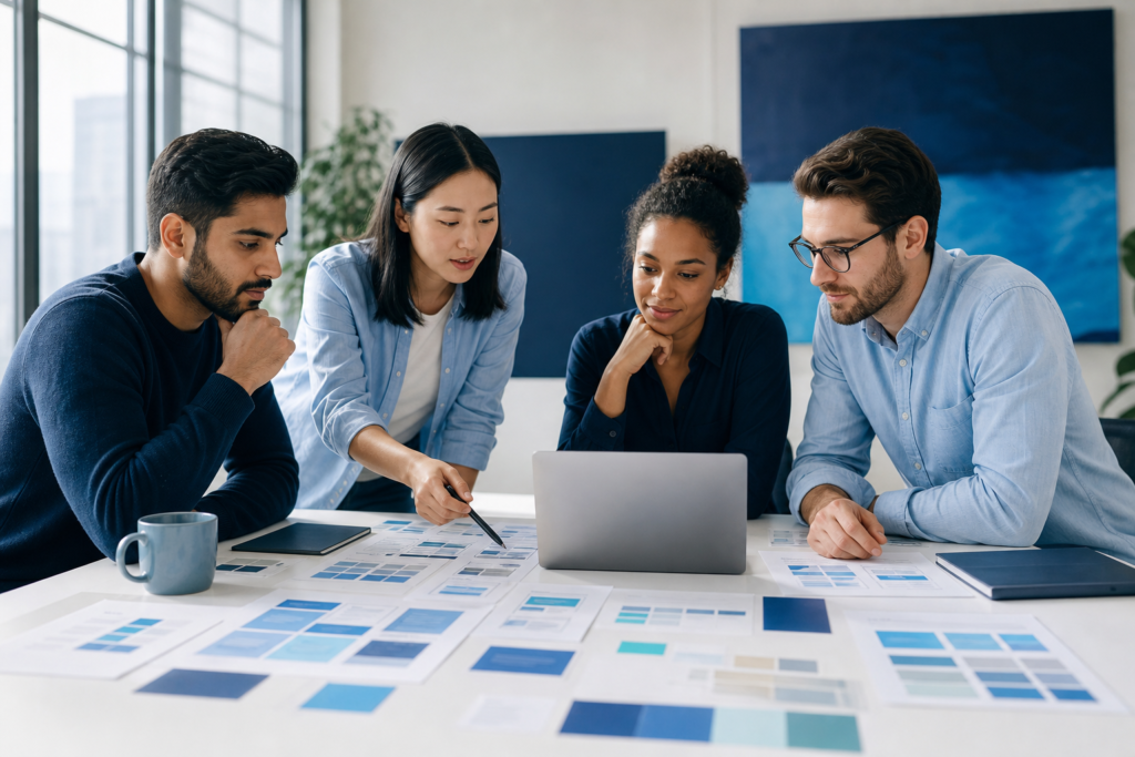 Startup team planning a website project roadmap in a modern workspace