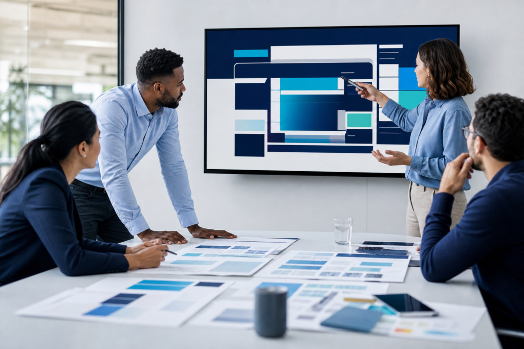 Business team planning a website project roadmap in a modern office