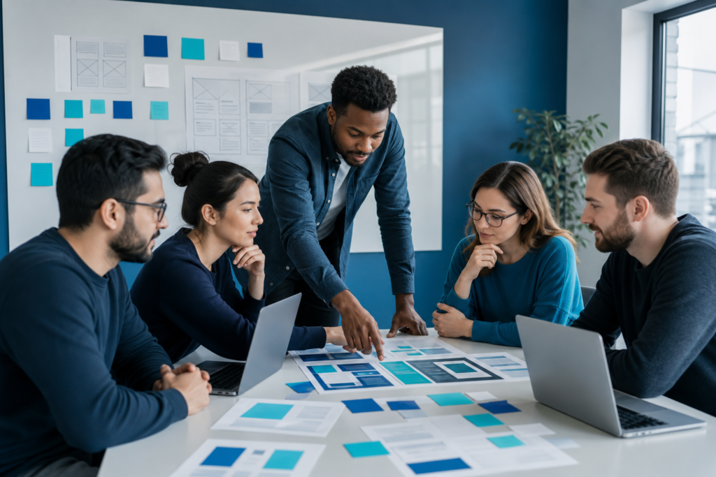 Startup team planning a website project roadmap in a modern meeting room