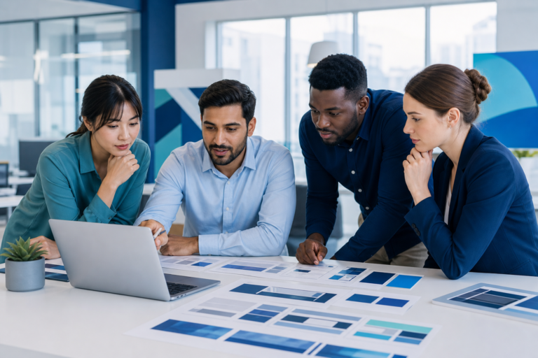 Team planning a website redesign strategy in a modern office