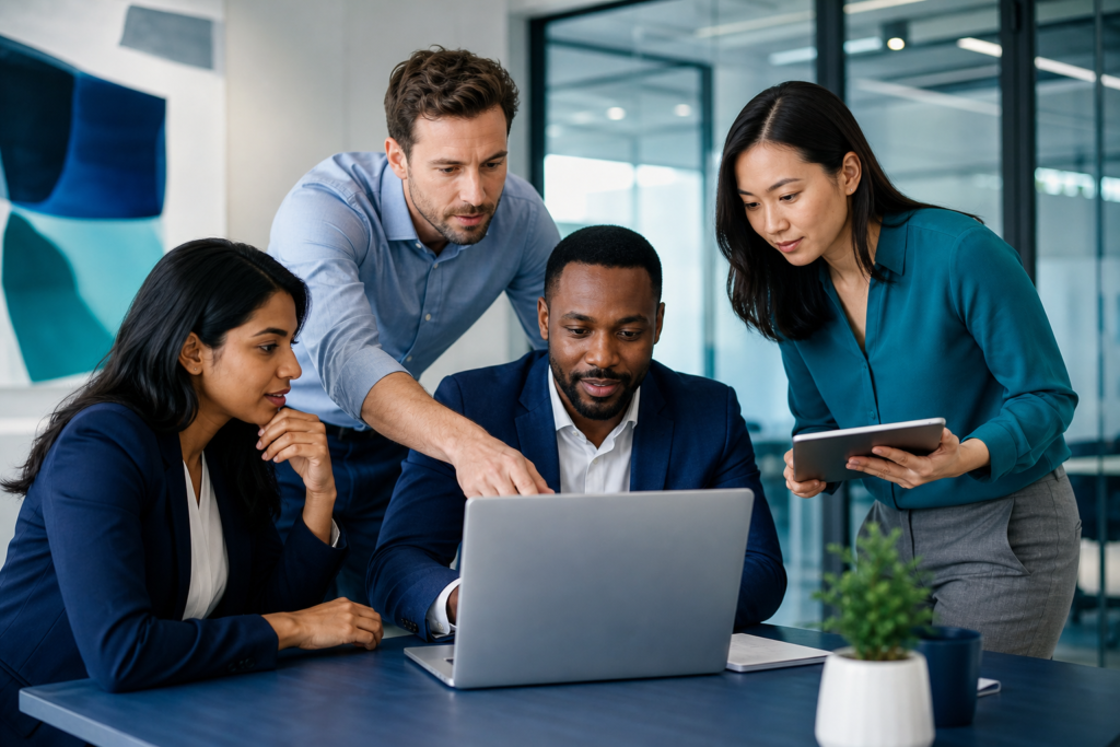 Business team reviewing a website redesign strategy in a modern office