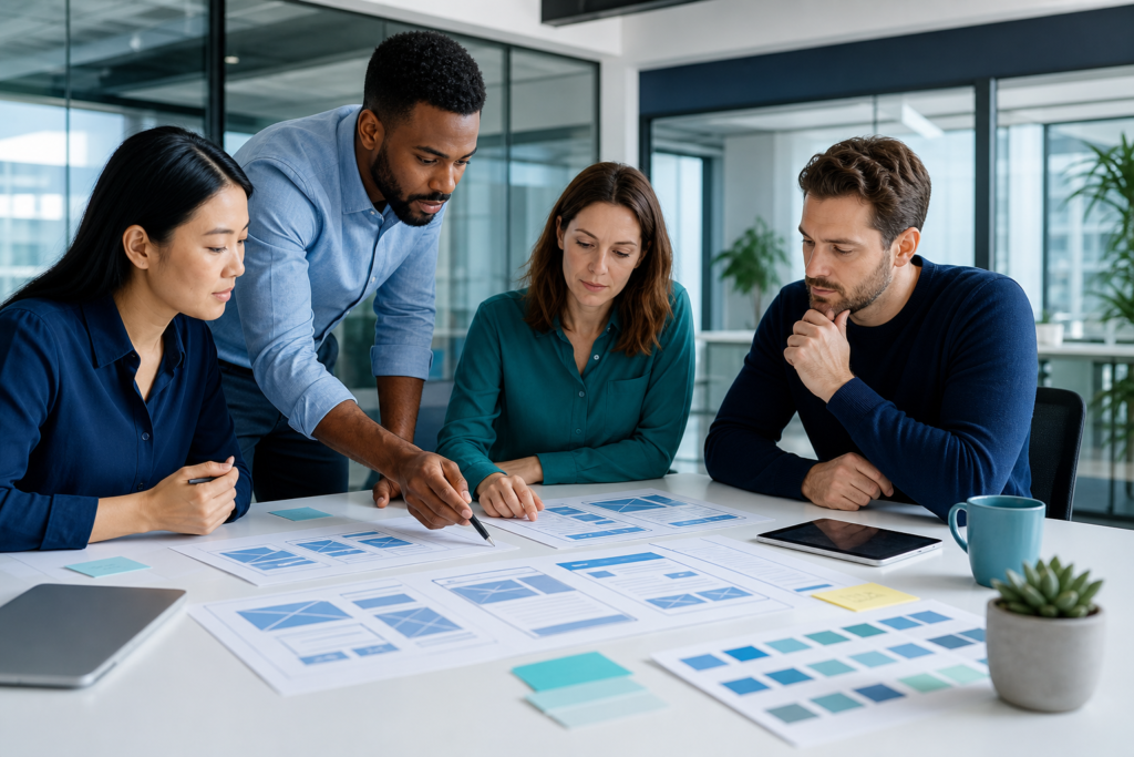 Business team reviewing a website redesign strategy checklist