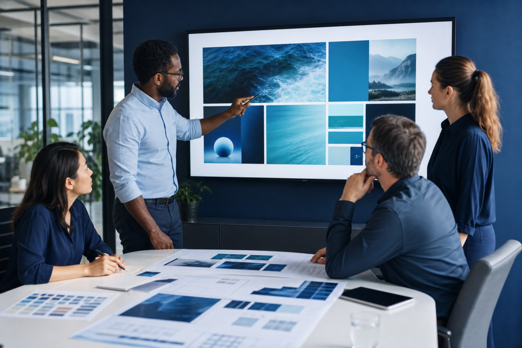 Business team planning a website redesign strategy in a modern office