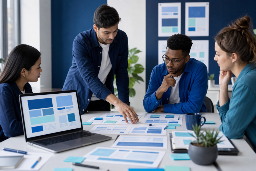 Startup team planning a website redesign strategy in a modern office