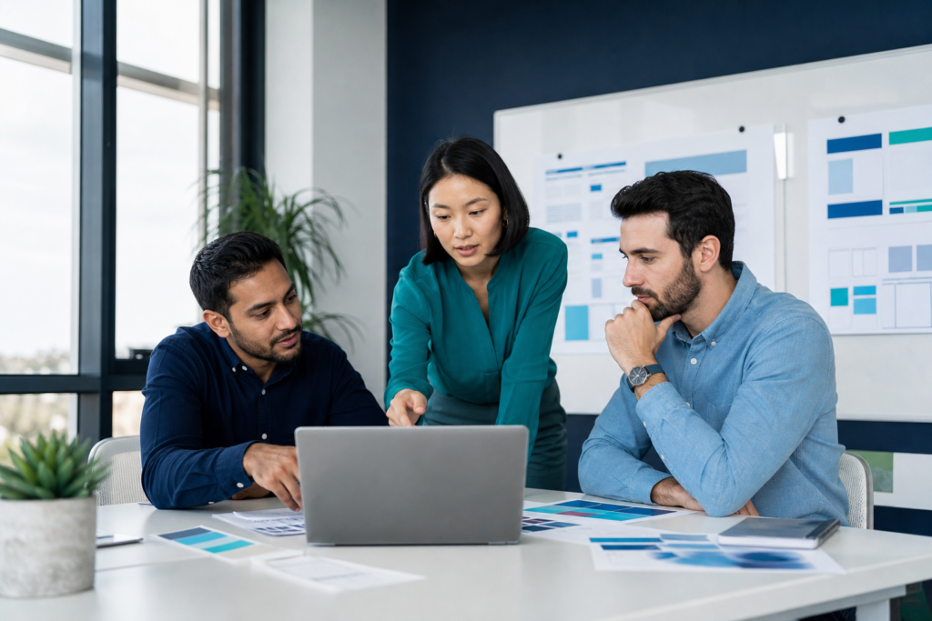 Startup team reviewing a website redesign strategy in a modern office