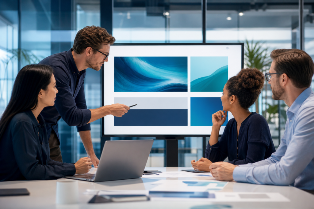 Business team reviewing a website redesign strategy solution in a modern office