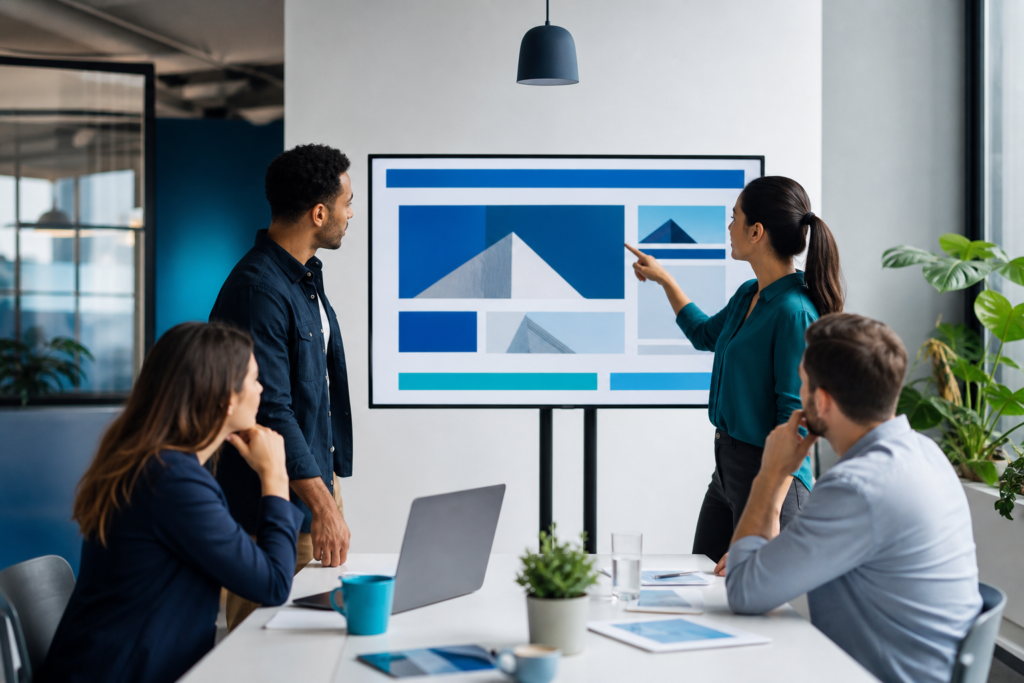 Startup team reviewing a website redesign strategy in a modern office