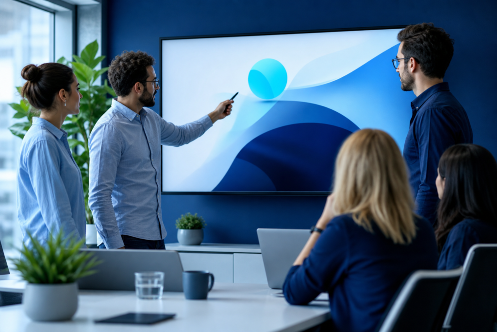 Startup team reviewing website redesign strategy in a modern office