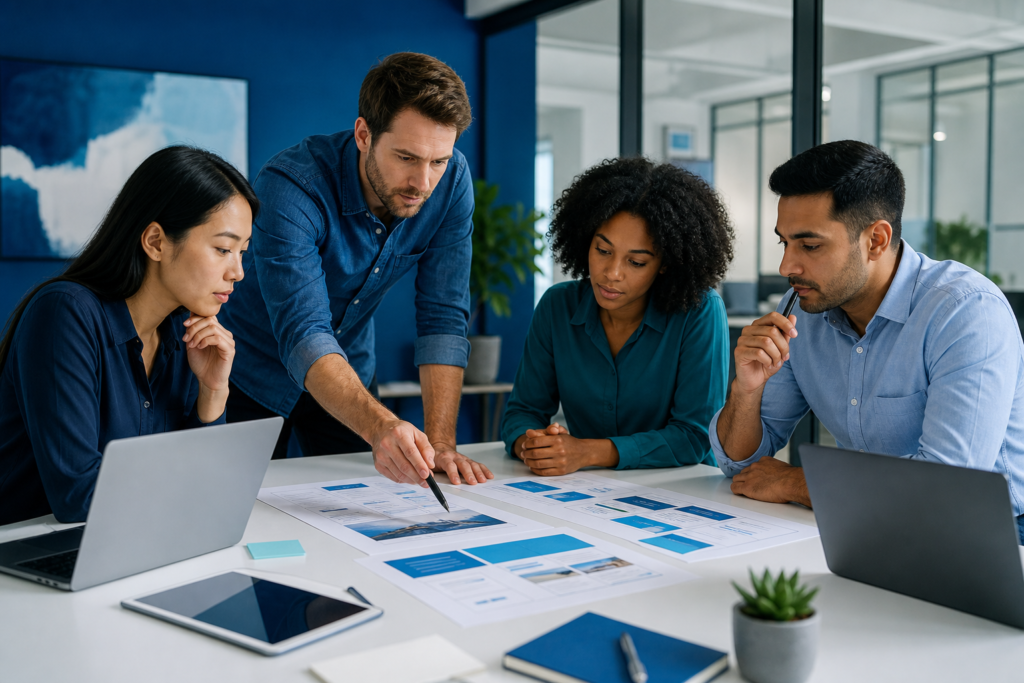Business team planning a website requirements checklist for a growing business