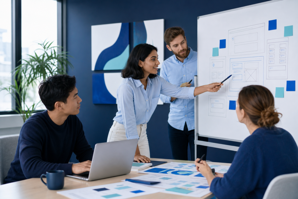 Startup team reviewing a website requirements checklist in a modern office
