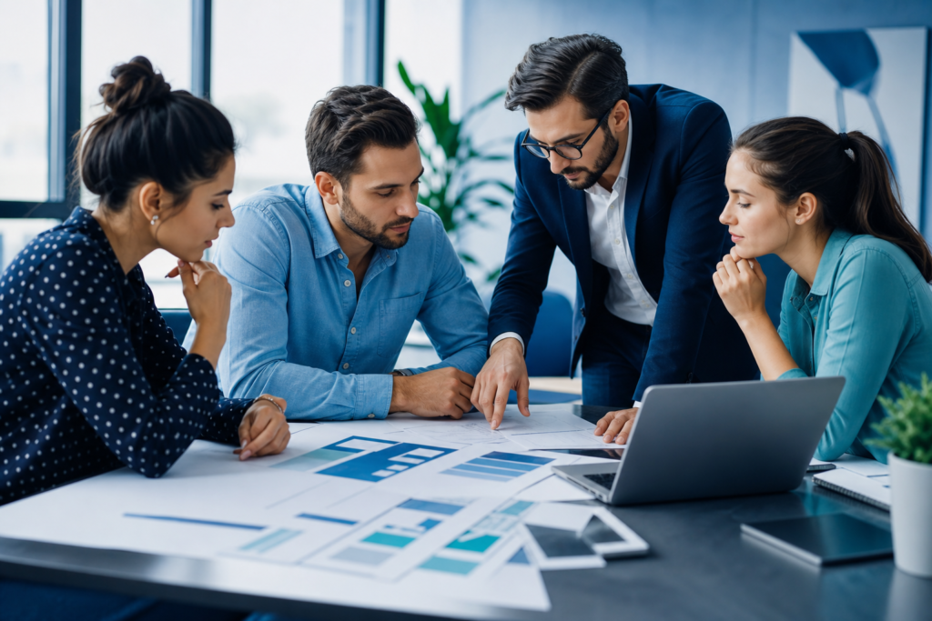 Startup team reviewing website requirements planning documents in a modern office
