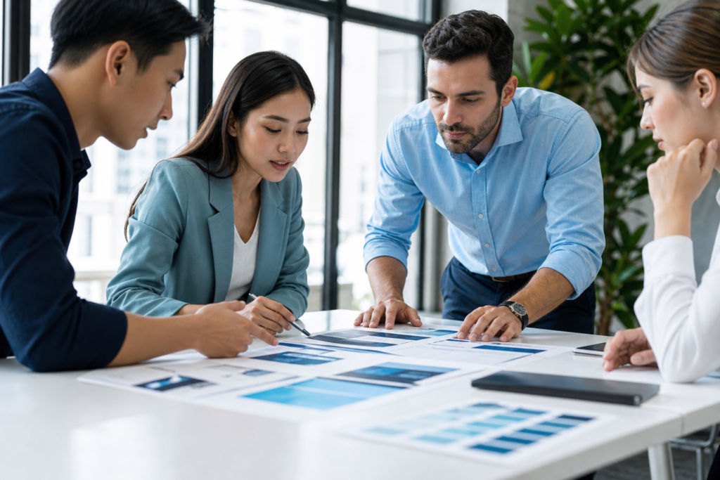 Business team reviewing website planning documents to avoid common website requirements mistakes