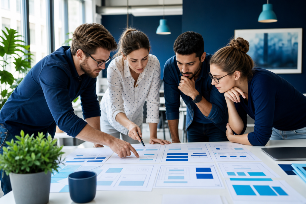 Startup team reviewing website requirements and planning documents in a modern workspace