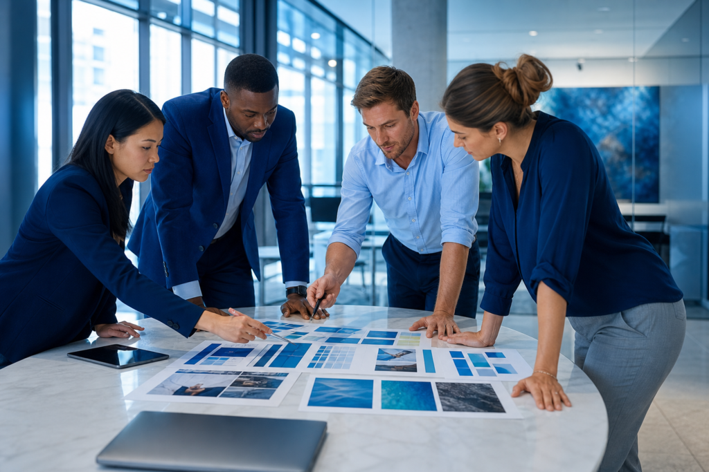 Business team reviewing a website strategy and requirements plan