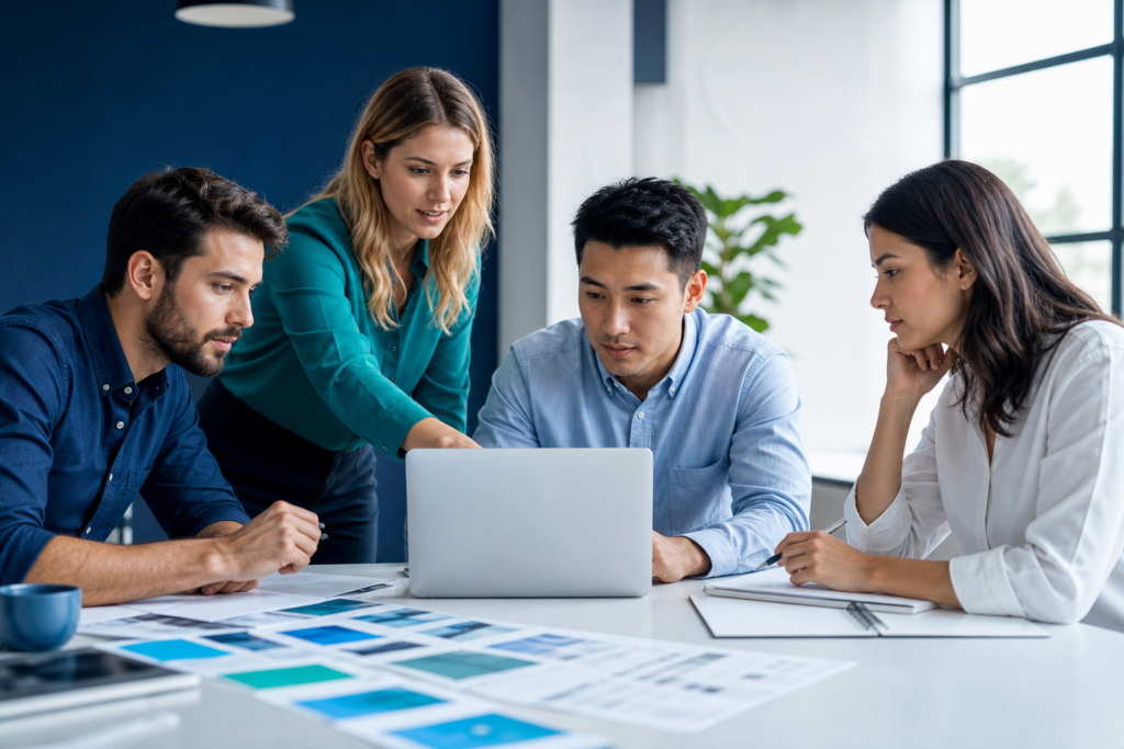 Startup team planning website requirements and growth opportunities