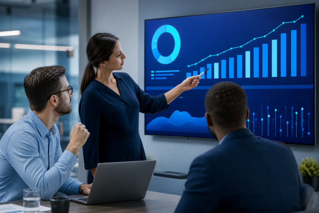 Startup team reviewing website ROI metrics on a screen