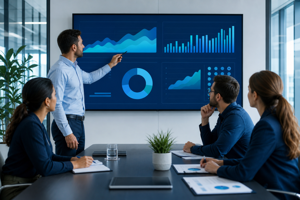 Business team reviewing website ROI and growth analytics