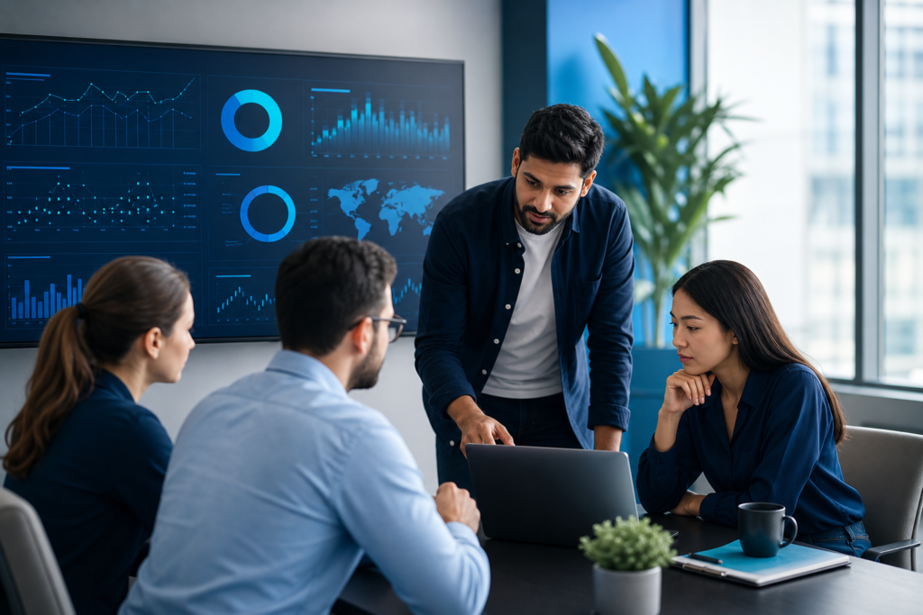 Startup team reviewing website ROI metrics in a modern office