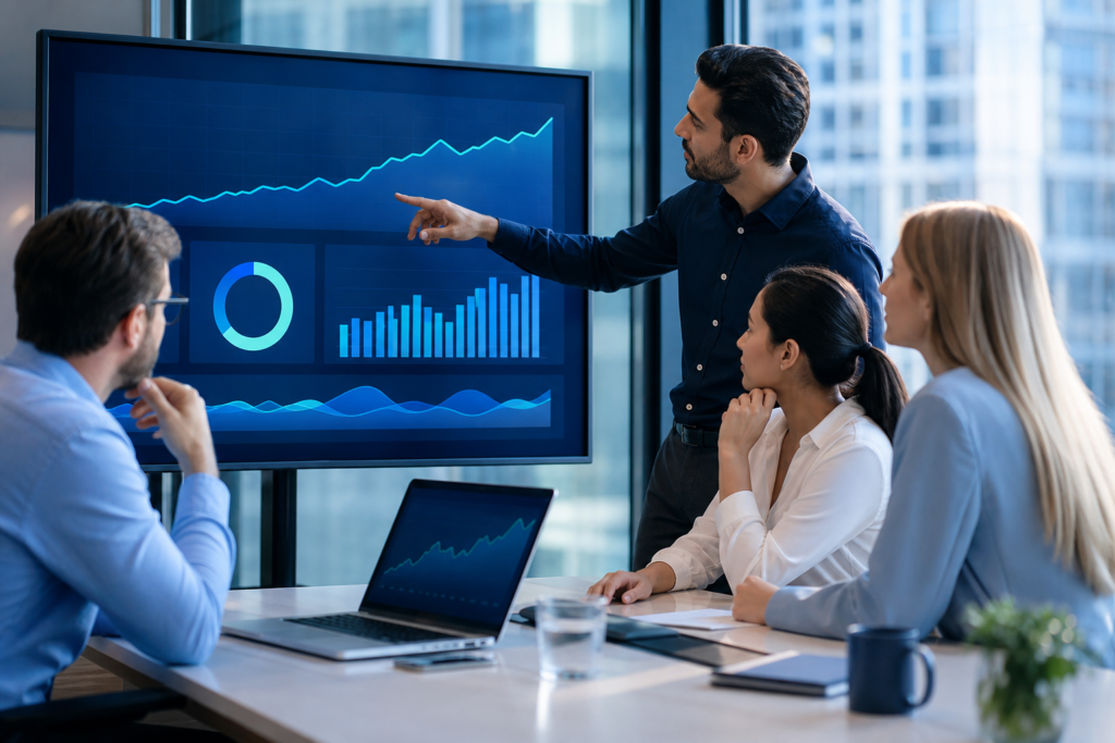 Business team reviewing website ROI trends and growth analytics in a modern office
