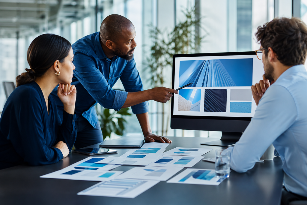 Business team reviewing website strategy for growth in a modern office
