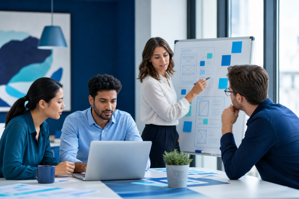 Startup team planning website strategy in a modern workspace