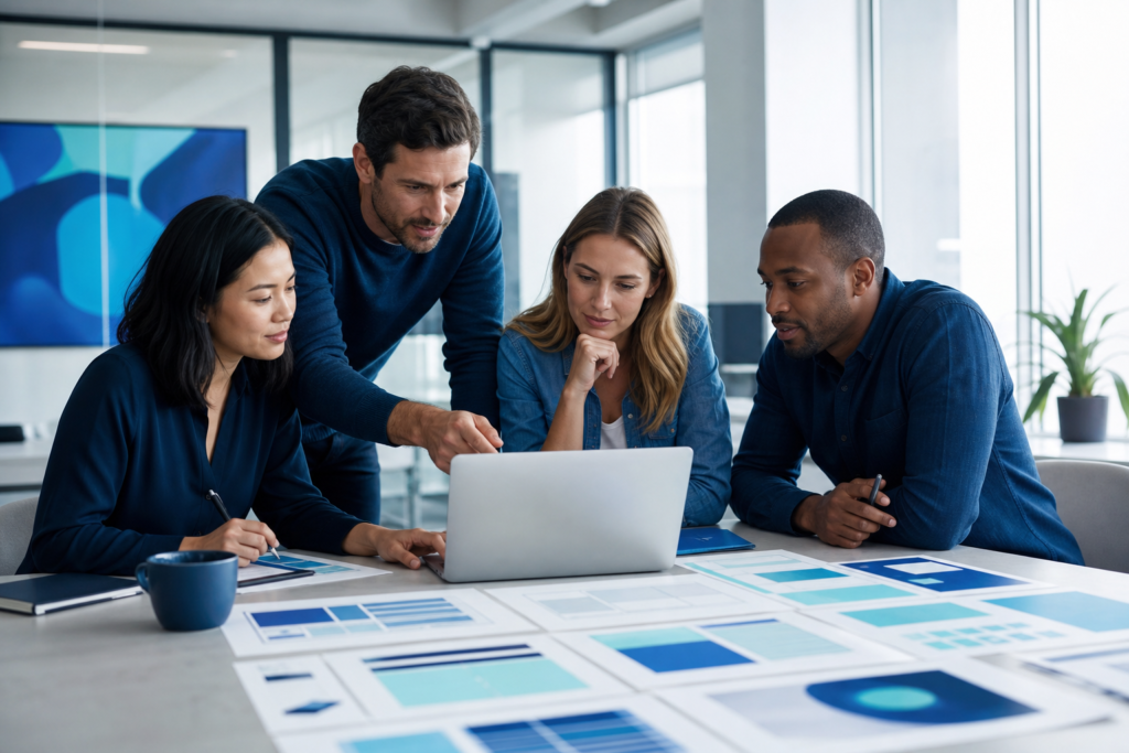 Business team reviewing website strategy plans in a meeting room