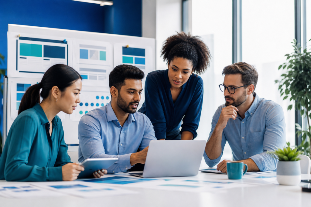 Business team planning a website strategy solution in a modern office