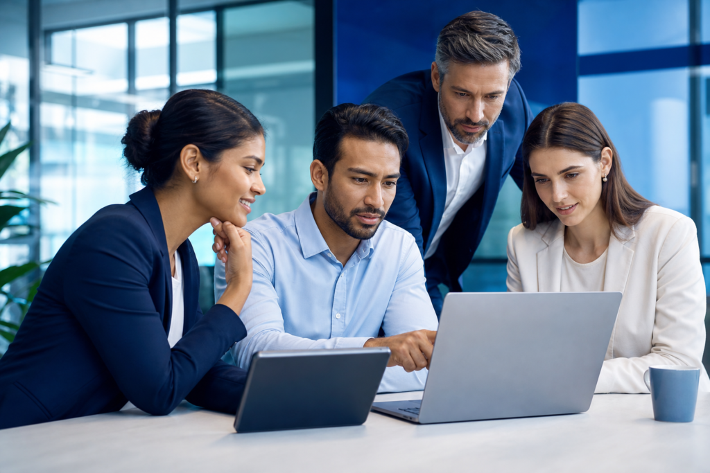 Business team reviewing a website growth strategy in a modern office