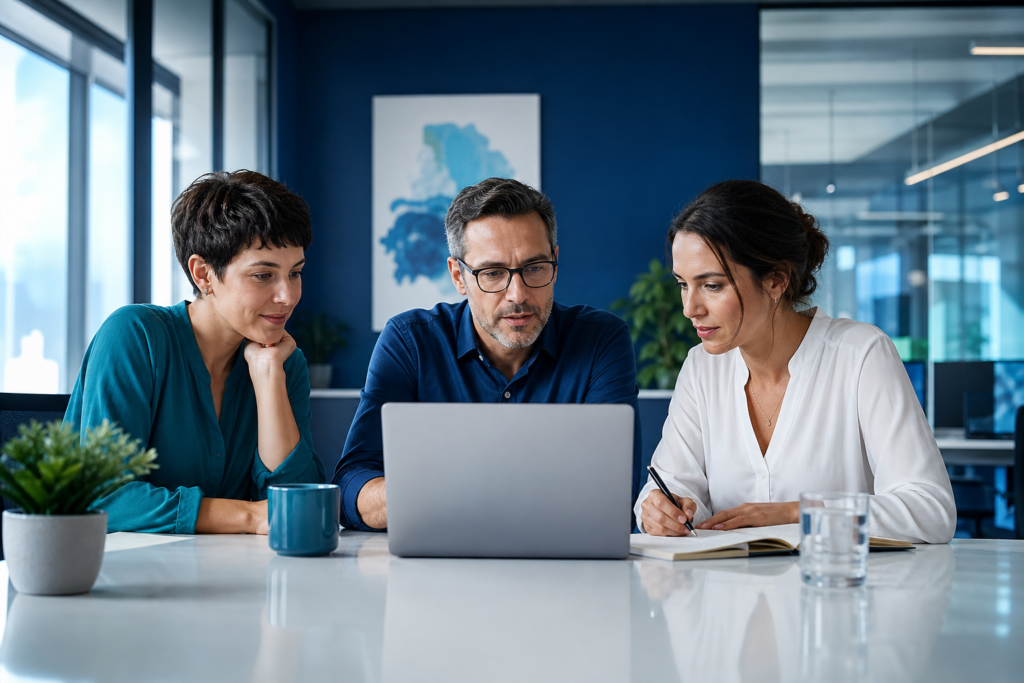 Small business team reviewing website usability testing findings in a modern office