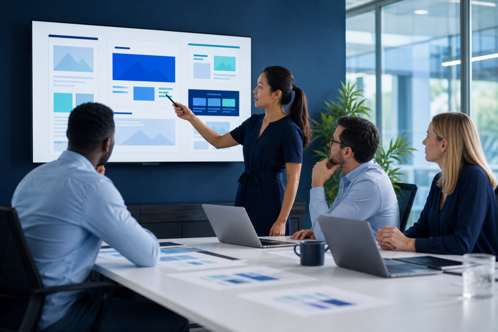 Enterprise team reviewing website layout and visual hierarchy on a large screen