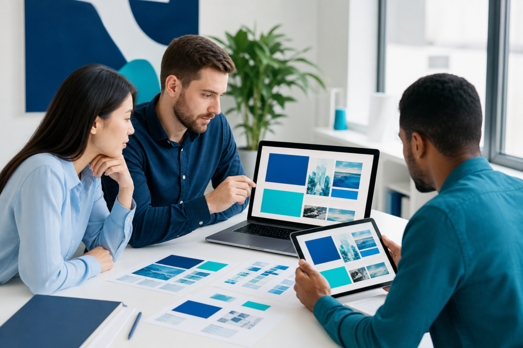 Small business team reviewing a website layout with clear visual hierarchy
