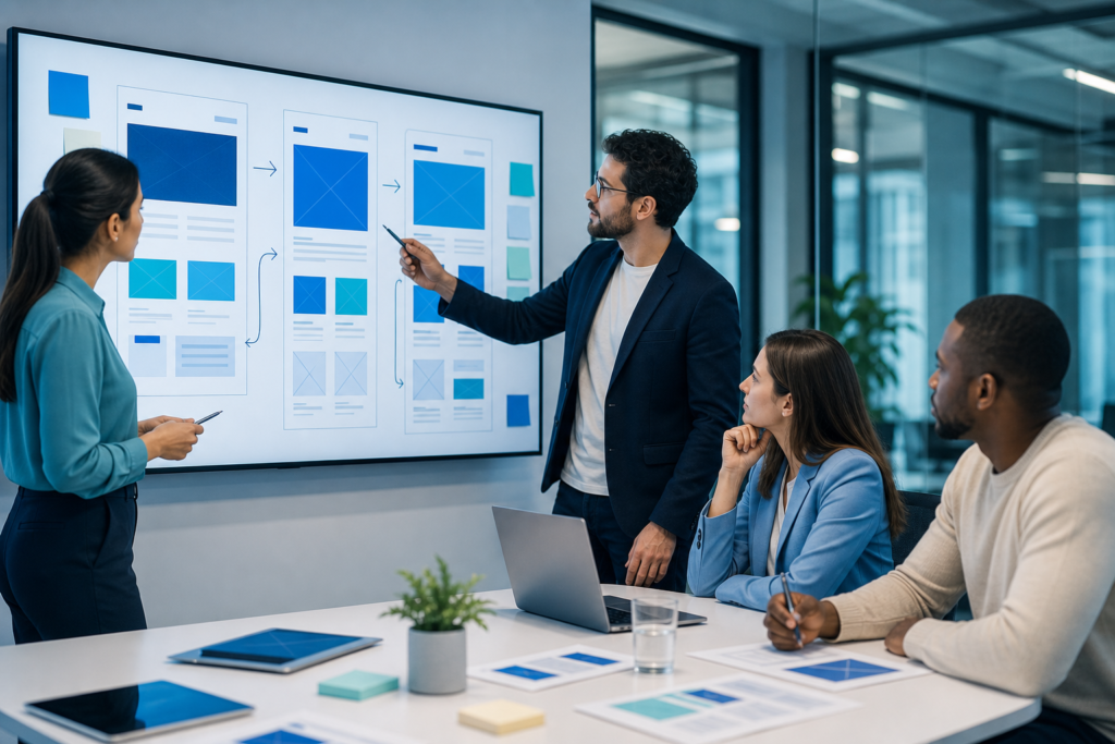 Enterprise team reviewing a website visual hierarchy layout