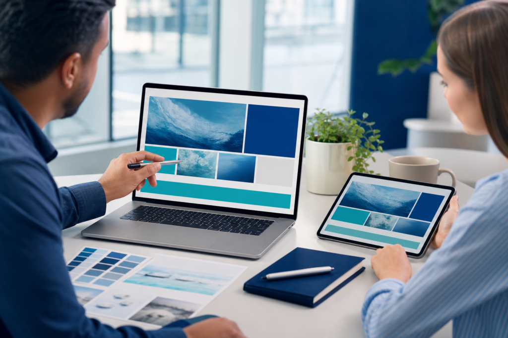 Small business team reviewing a website visual hierarchy layout on a laptop