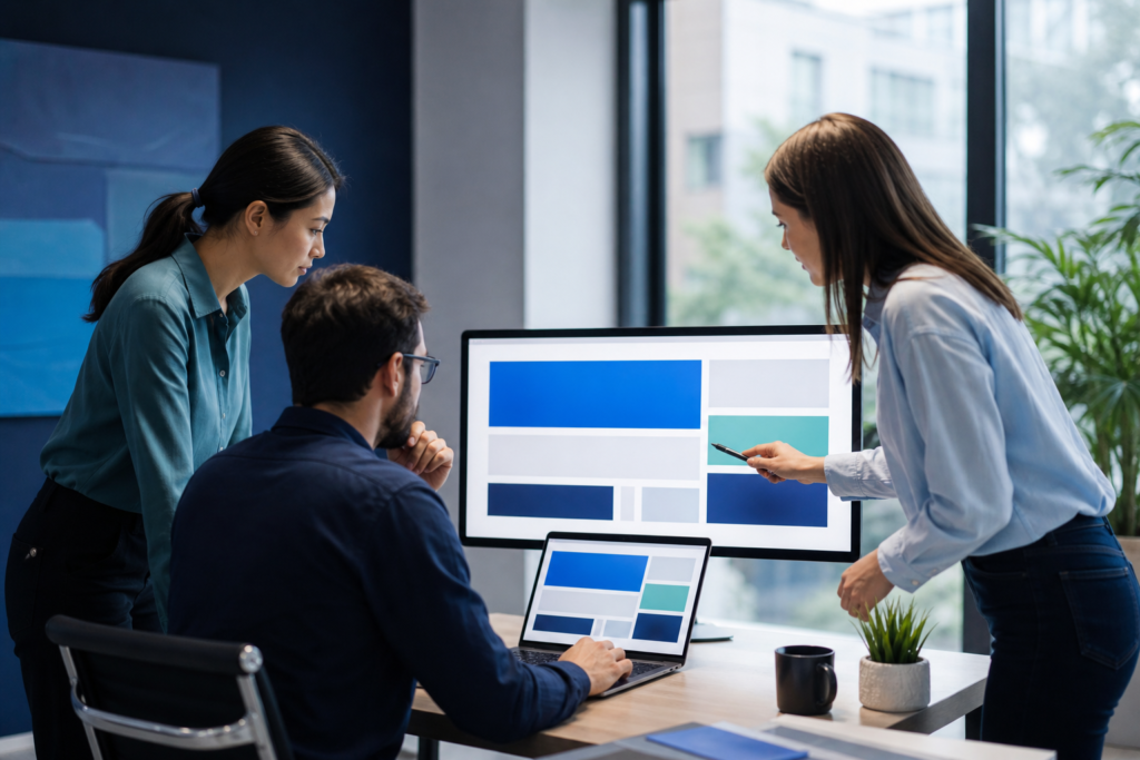 Small business team reviewing website visual hierarchy on a screen
