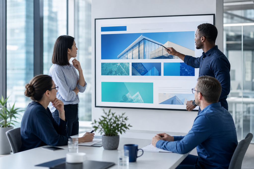 Enterprise team reviewing website visual hierarchy on a large display