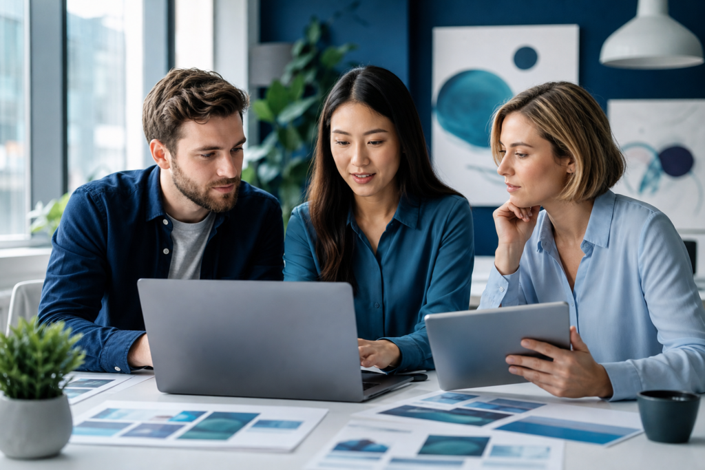 Small business team reviewing website layout and visual hierarchy on devices