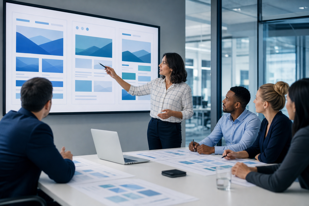 Enterprise team reviewing website visual hierarchy strategy in a modern office