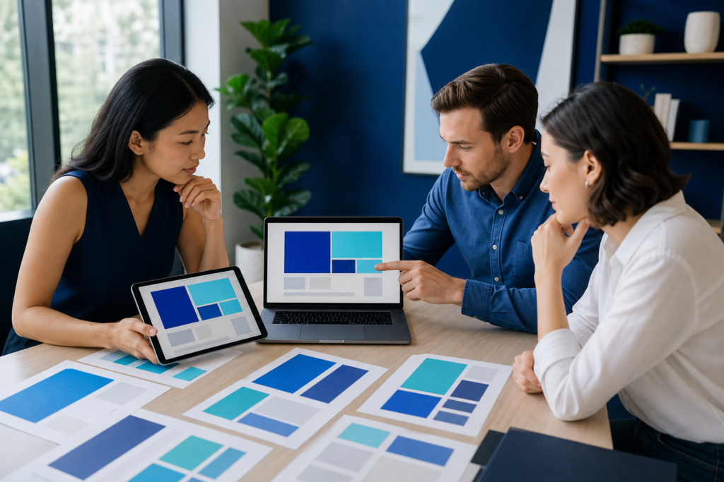 Small business team reviewing website visual hierarchy planning on laptop and tablet