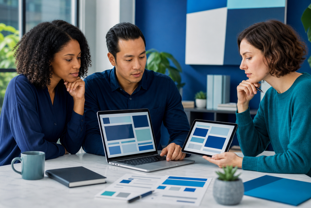 Small business team reviewing website visual hierarchy on a laptop and tablet