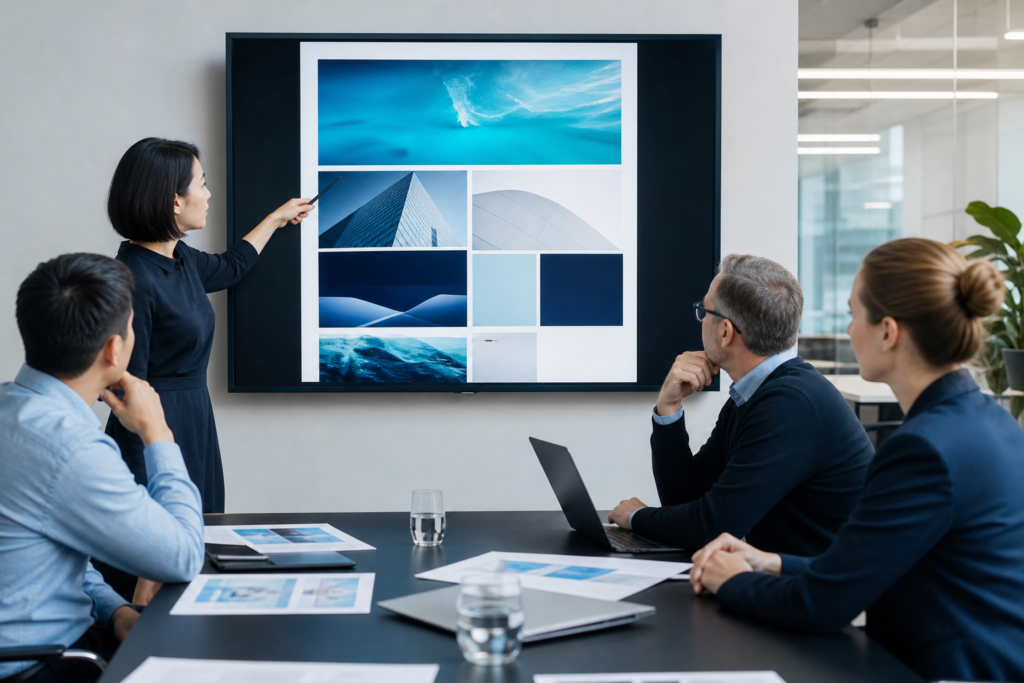 Enterprise team reviewing website visual hierarchy strategy in a modern office